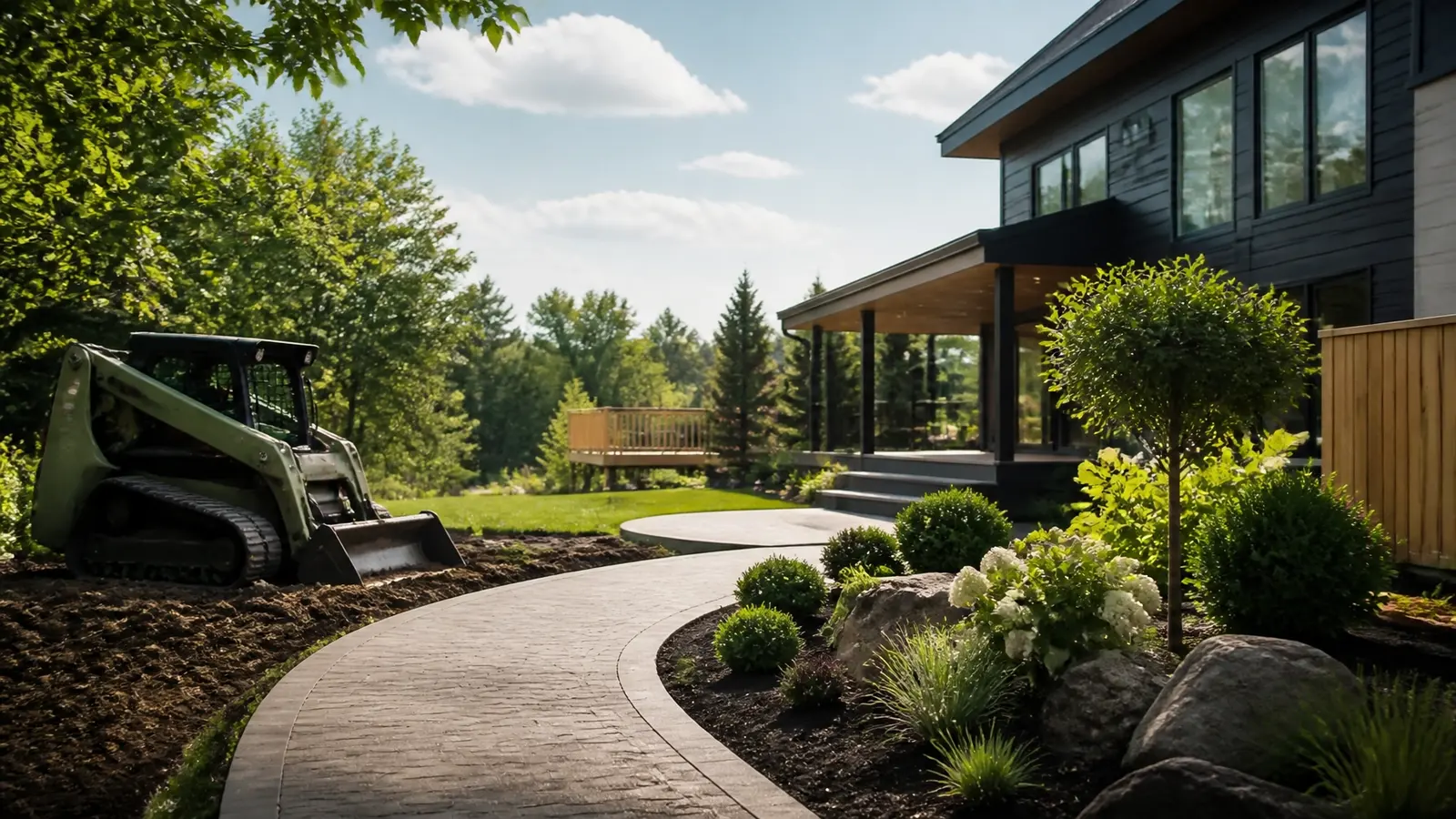 Freshly landscaped backyard with a curved paver path and compact construction equipment